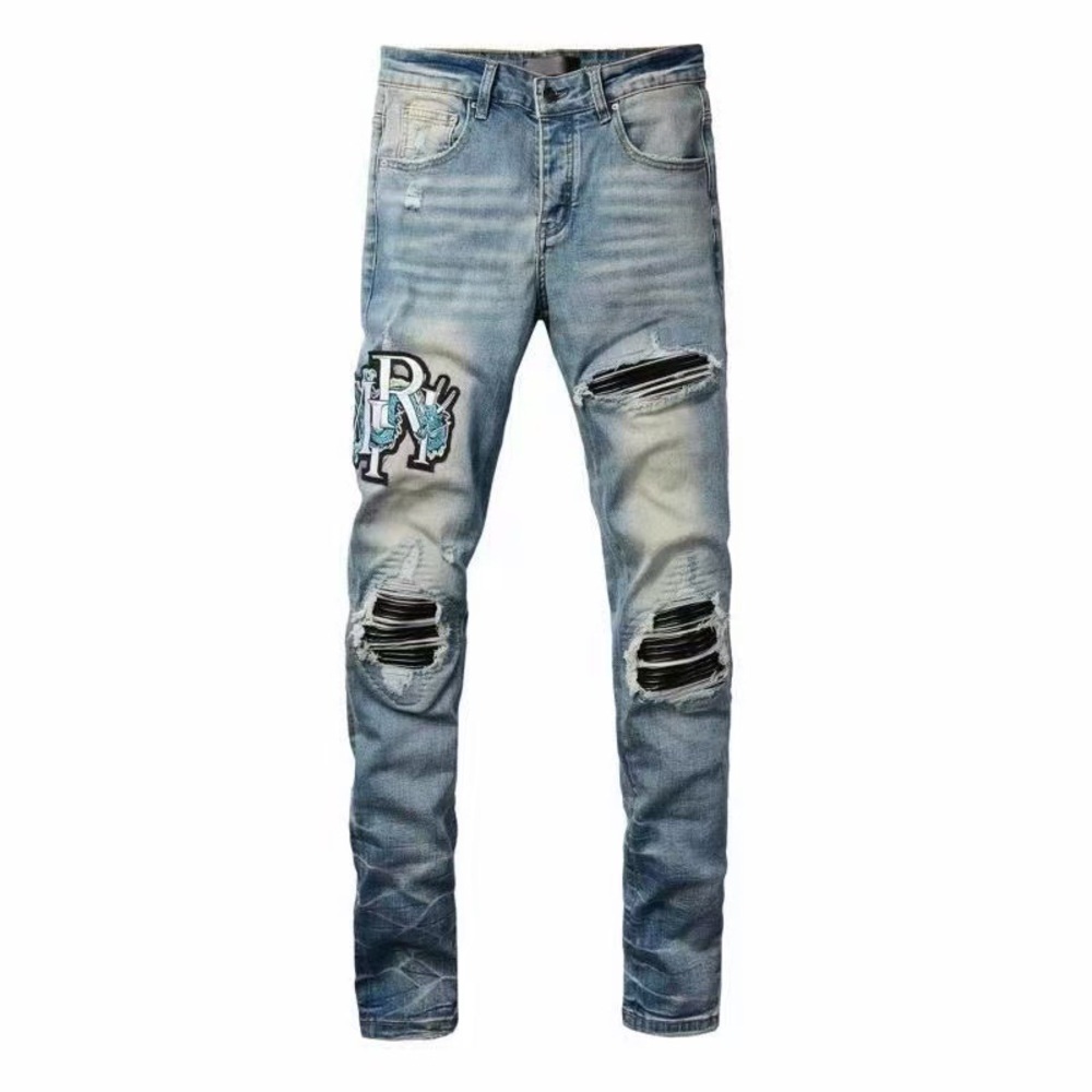 AMIRI Light Blue Skinny Distressed Jeans with Patch